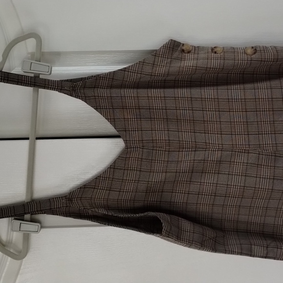 Hem & Thread Jumper Medium wide leg romper brown plaid side buttons - Picture 2 of 12